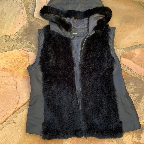 Dana Stein Puffer Vest size Medium Rabbit Fur trim with Hood - Picture 2 of 7